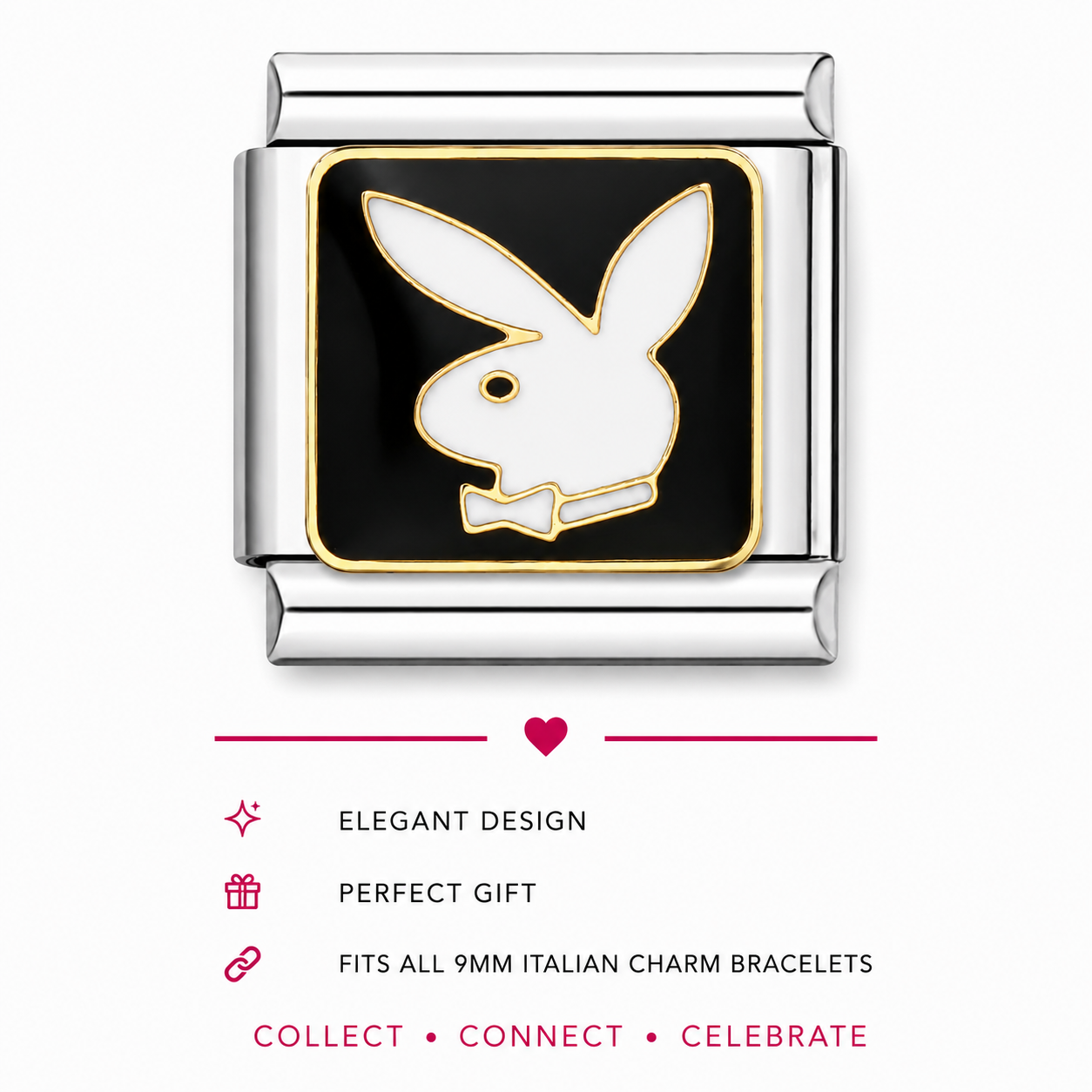 A rectangular silver-tone charm link featuring the iconic Playboy bunny logo in white enamel with gold outlines on a black background.