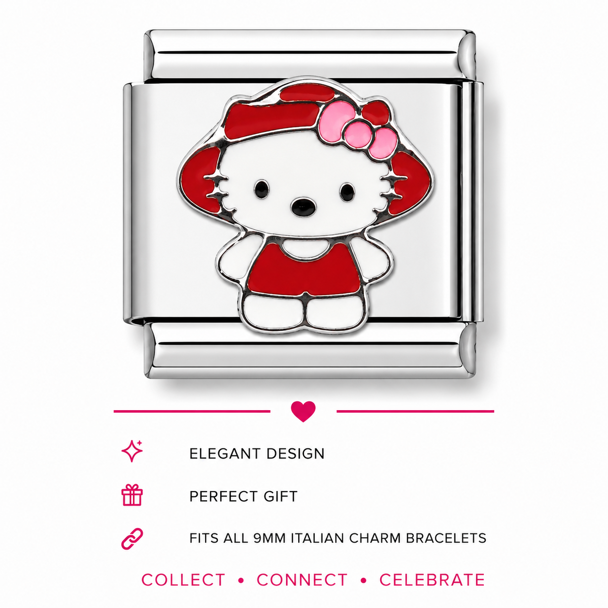 A silver-toned Italian charm link featuring an enamel Hello Kitty character design wearing a red dress and hat with pink bow details.