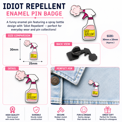 Enamel pin badge with spray bottle and pink cloud face; front and back views