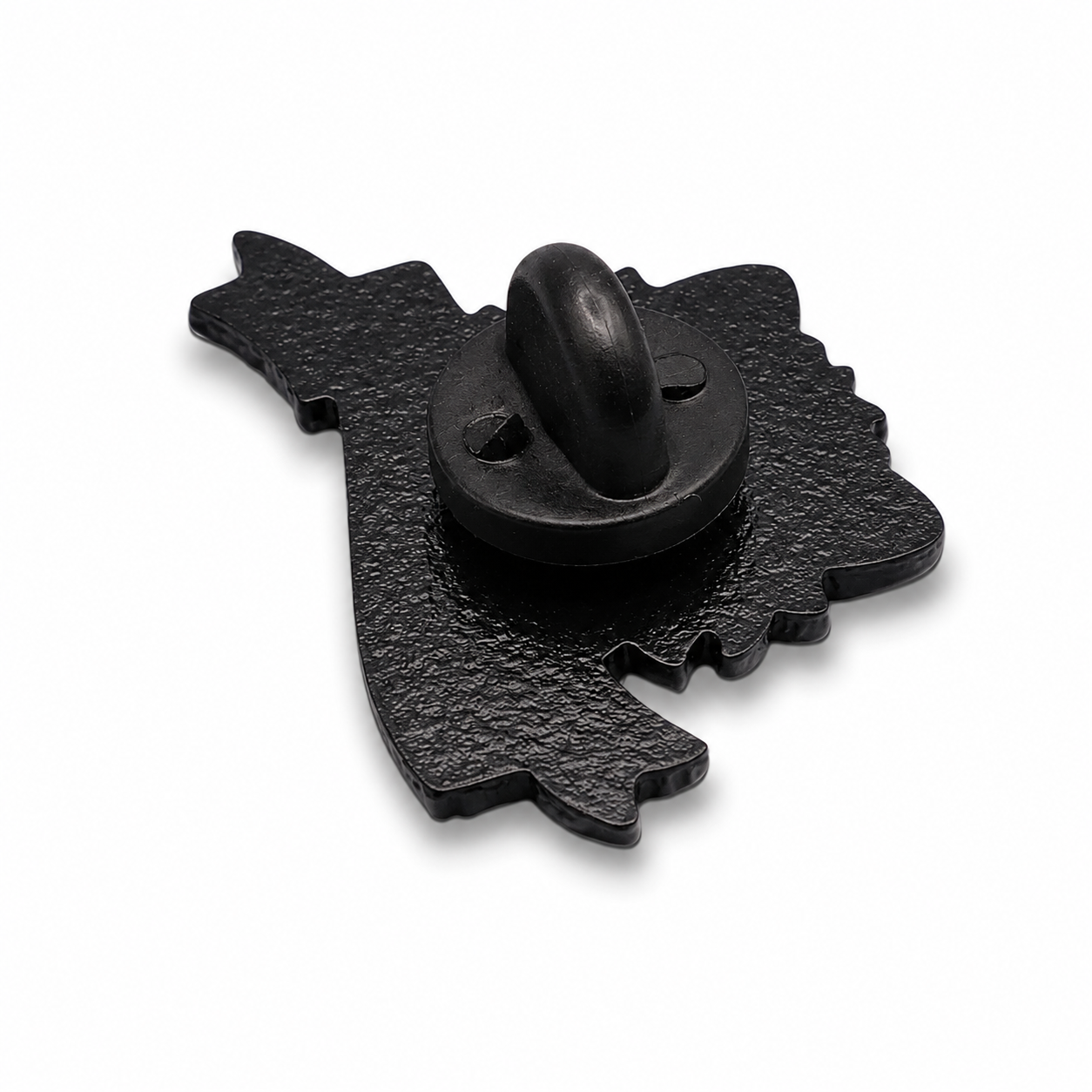 Black pin back with hinged rubber clutch on star-shaped metal base