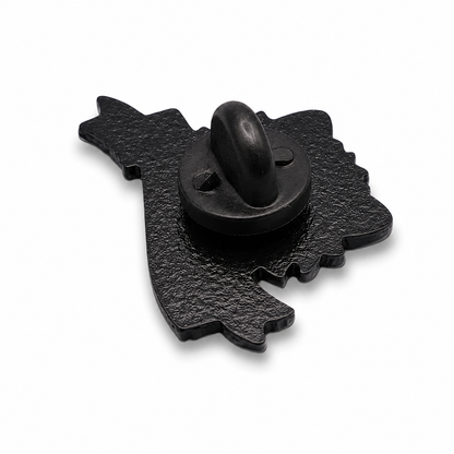 Black pin back with hinged rubber clutch on star-shaped metal base