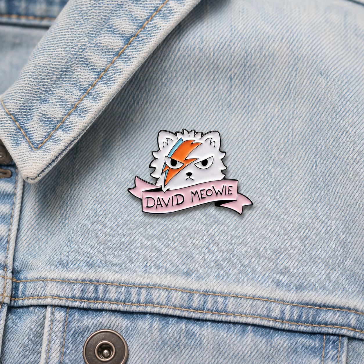 Enamel cat lightning-bolt pin badge on light blue denim jacket