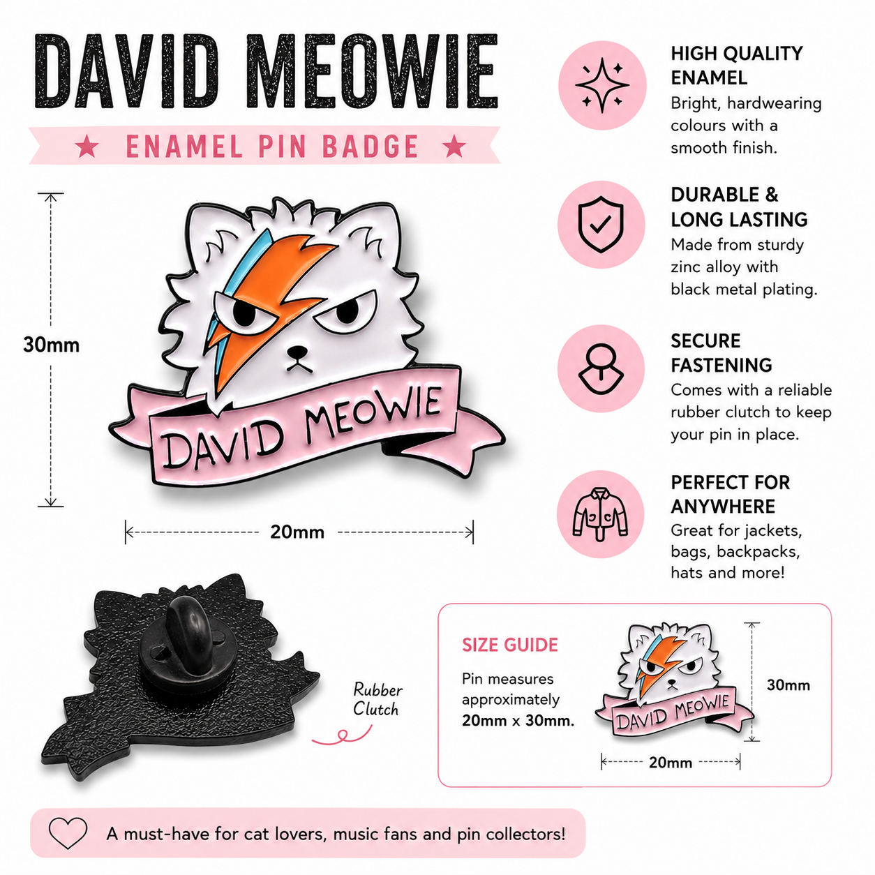Enamel cat pin badge with orange lightning bolt and pink banner, shown with size info