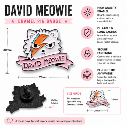 Enamel cat pin badge with orange lightning bolt and pink banner, shown with size info