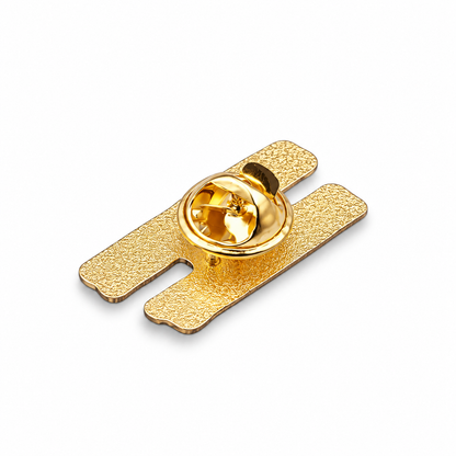 Gold enamel pin badge back with butterfly clutch, rectangular bar design.