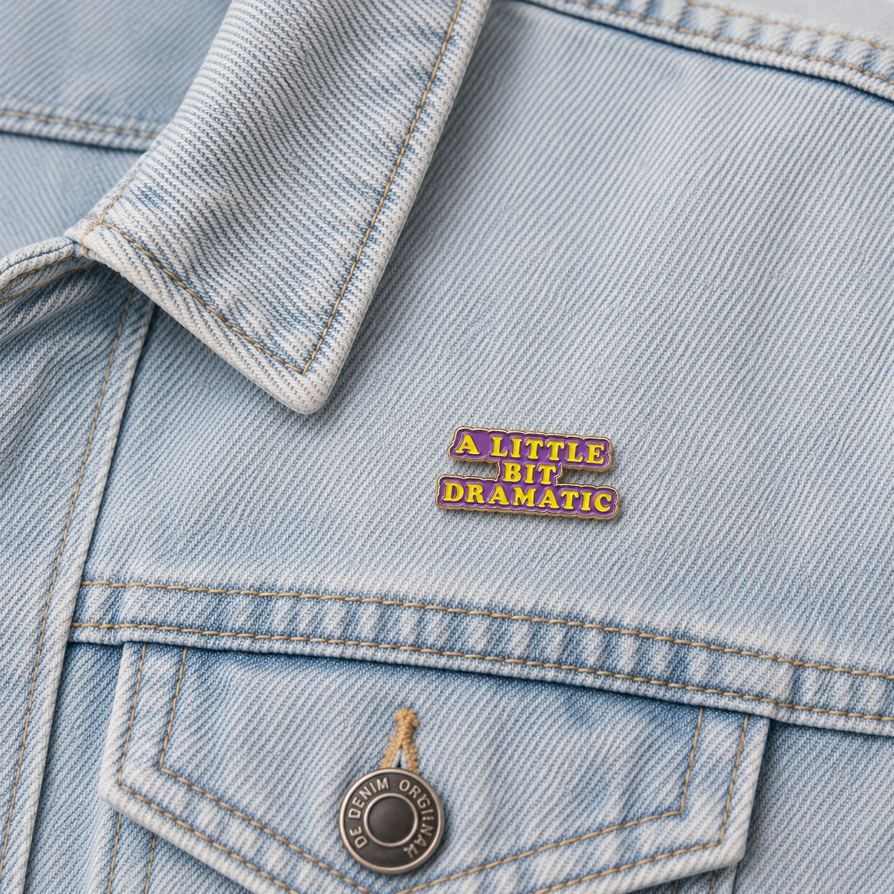 Gold-and-purple enamel pin on light denim jacket reading “A LITTLE BIT DRAMATIC”.