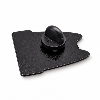 Black enamel pin clasp backing with round pin stem, metal and plastic