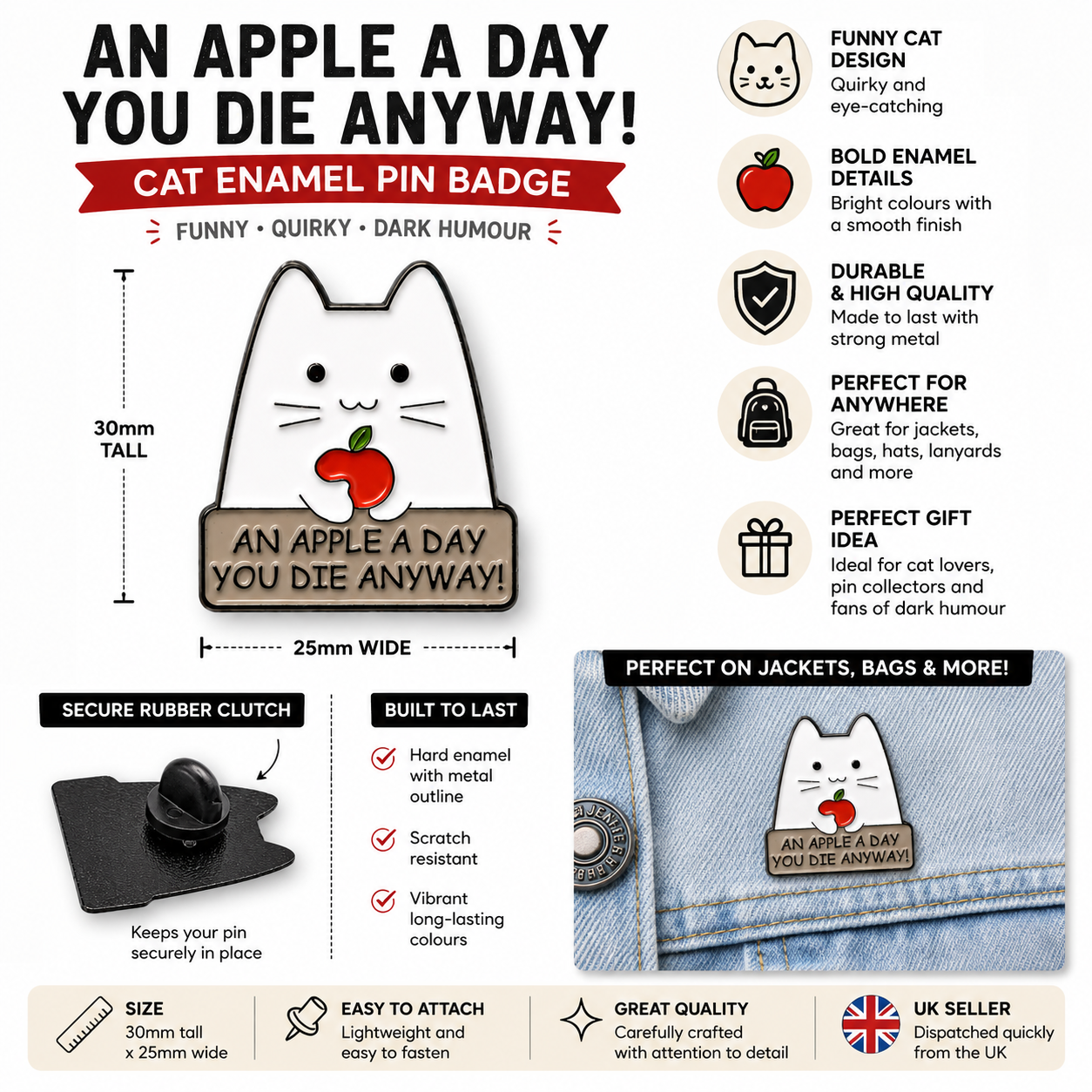Cat enamel pin badge, white cat face, red apple, and dark lettering on tan base