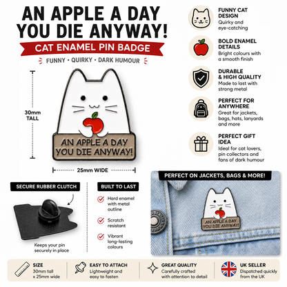 Cat enamel pin badge, white cat face, red apple, and dark lettering on tan base