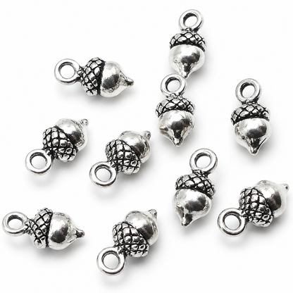 Tibetan silver acorn charm set, 3D metal acorns with loop tops, mixed angles