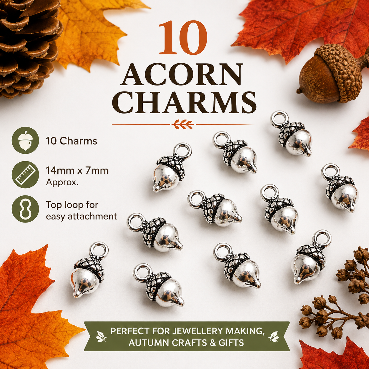 3D acorn metal charms on display card, silver-toned charms with top loop rings