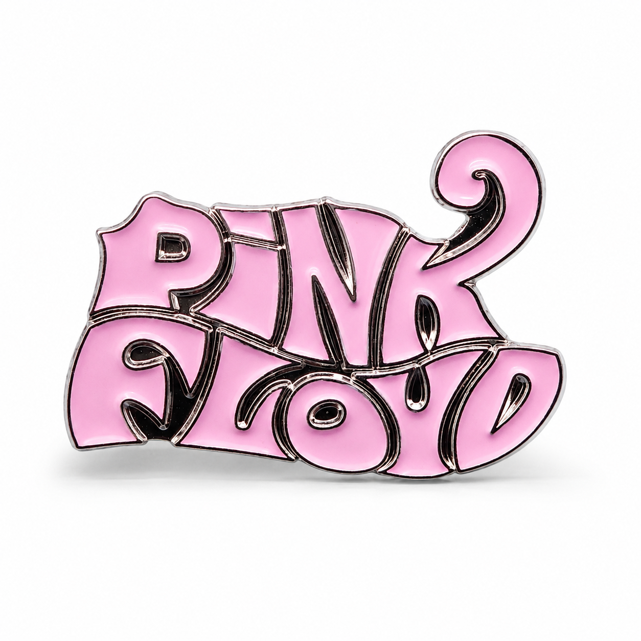 Pink enamel logo pin badge with black outlines and glossy details