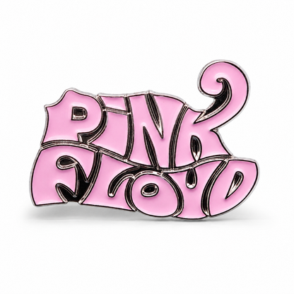 Pink enamel logo pin badge with black outlines and glossy details