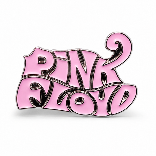 Pink enamel logo pin badge with black outlines and glossy details