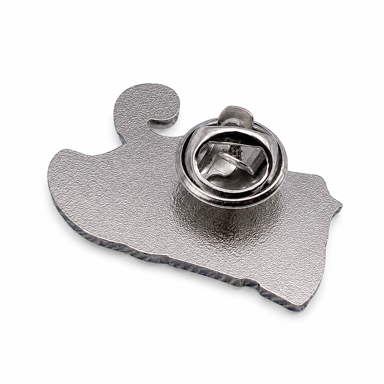Metal butterfly clutch pin backing with circular hinge and prongs