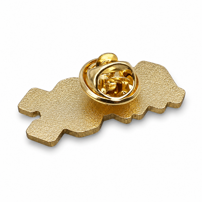 Gold-tone AC/DC enamel pin back with butterfly clutch and pin closure