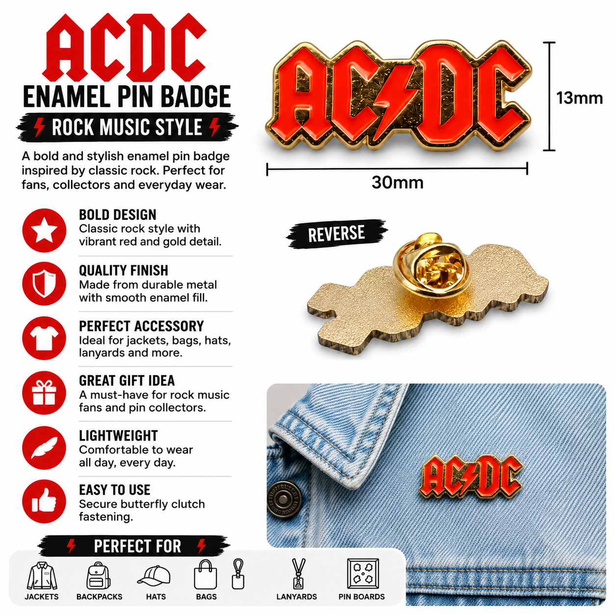 AC/DC enamel pin badge featuring red logo letters with gold border details
