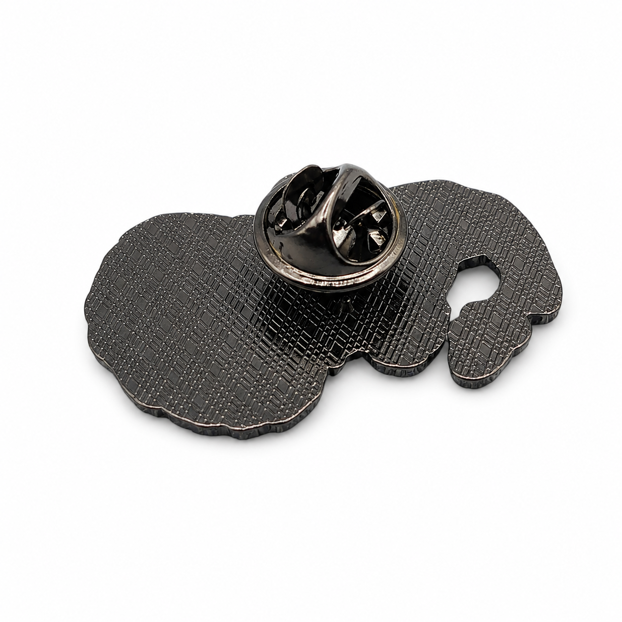 Enamel pin badge with silver butterfly clutch backing and dark textured back