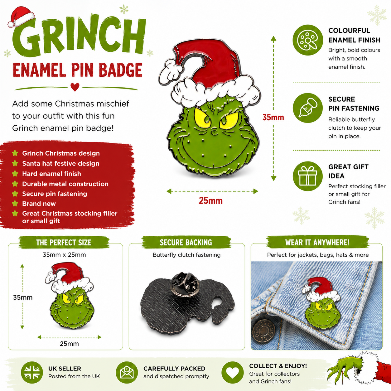 Green character enamel pin badge with red Santa hat and white beard on display card