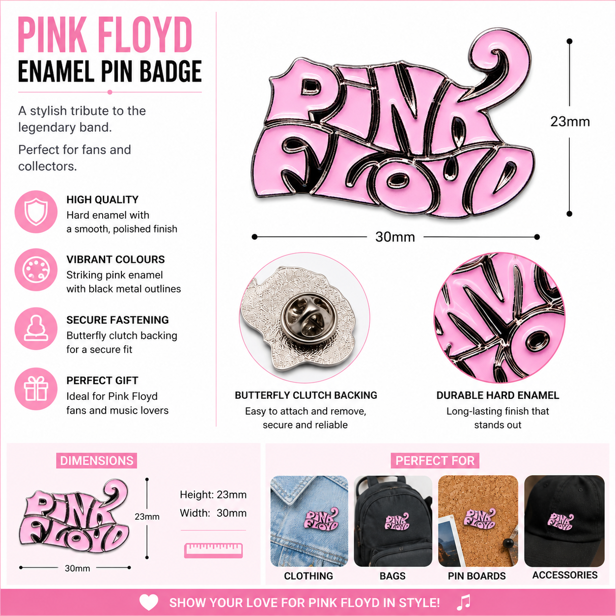 Pink enamel logo pin badge with size diagram and clasp backing shown