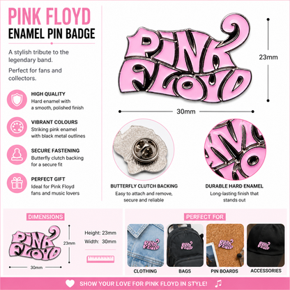 Pink enamel logo pin badge with size diagram and clasp backing shown