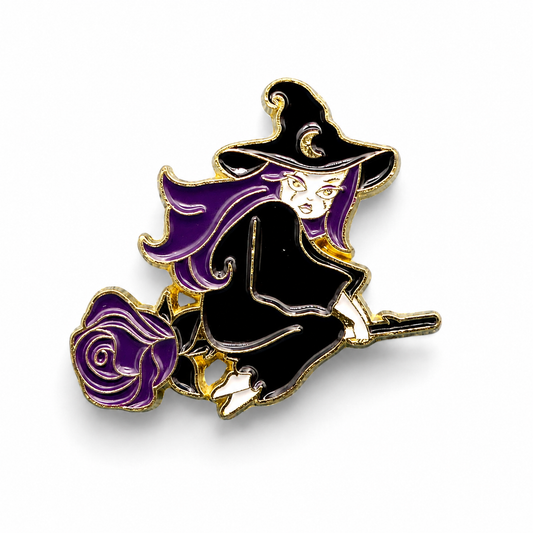 Enamel witch pin badge with purple hair, broom, and purple rose detail
