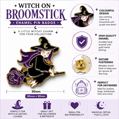 Witch on broom enamel pin badge with purple rose on a display card