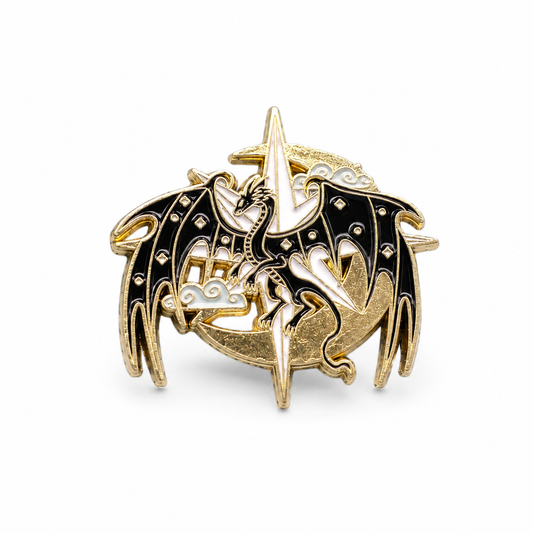 Gold and black dragon enamel pin with crescent moon and star accents