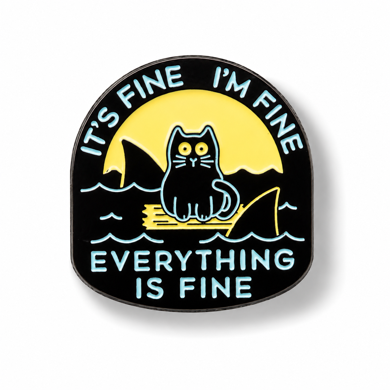 Round enamel cat-shark pin with yellow background and blue text ring