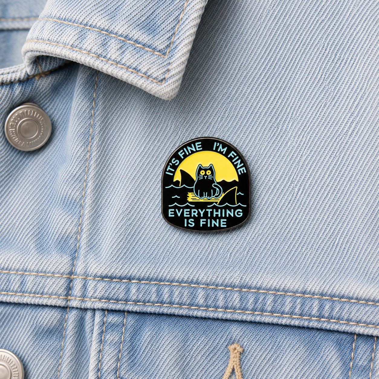 Enamel pin of a cat in waves on a light blue denim jacket