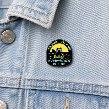 Enamel pin of a cat in waves on a light blue denim jacket