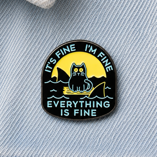 Close-up round enamel cat-shark pin on light blue denim, yellow and blue design