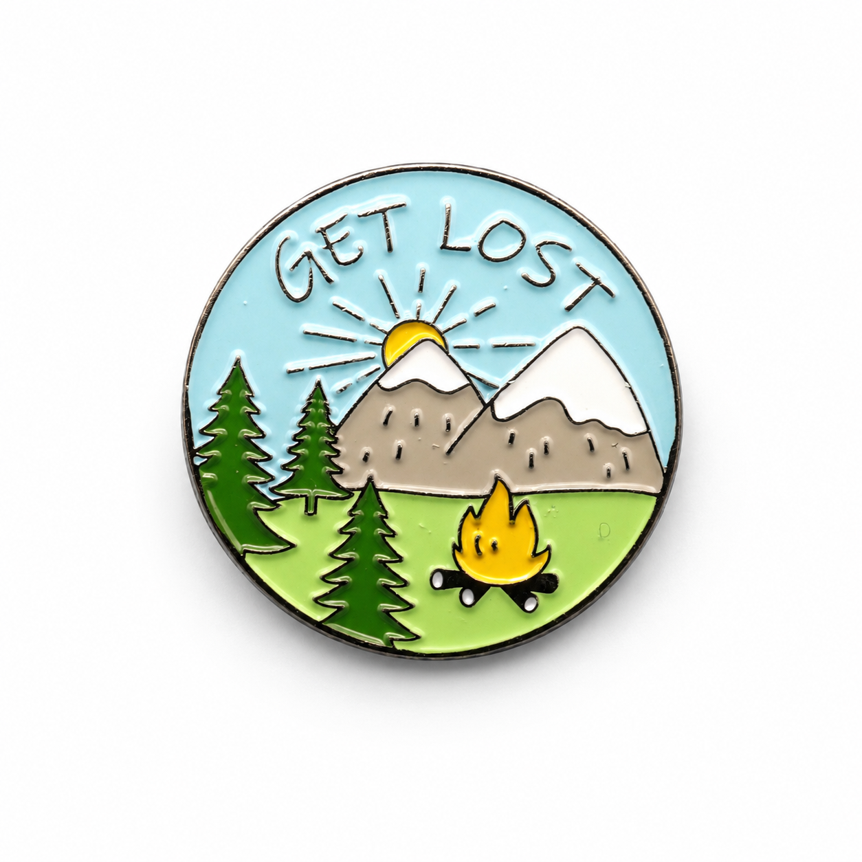 Get Lost enamel pin badge with mountains, trees, campfire and sunrise.