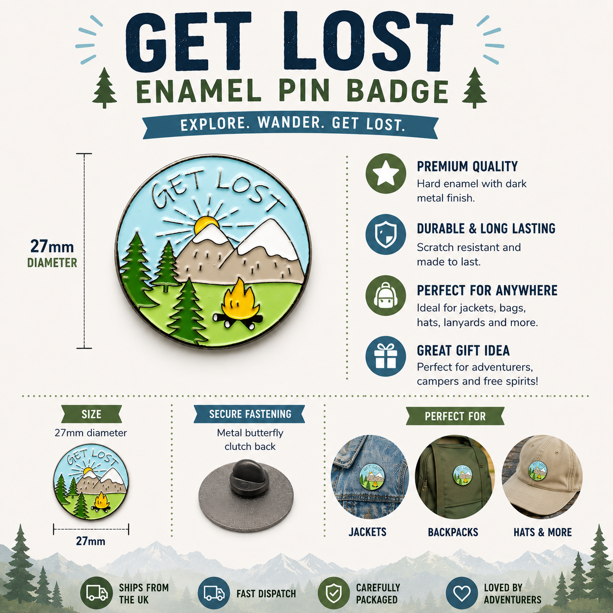 Get Lost enamel pin badge with mountains, trees and campfire in circular frame.