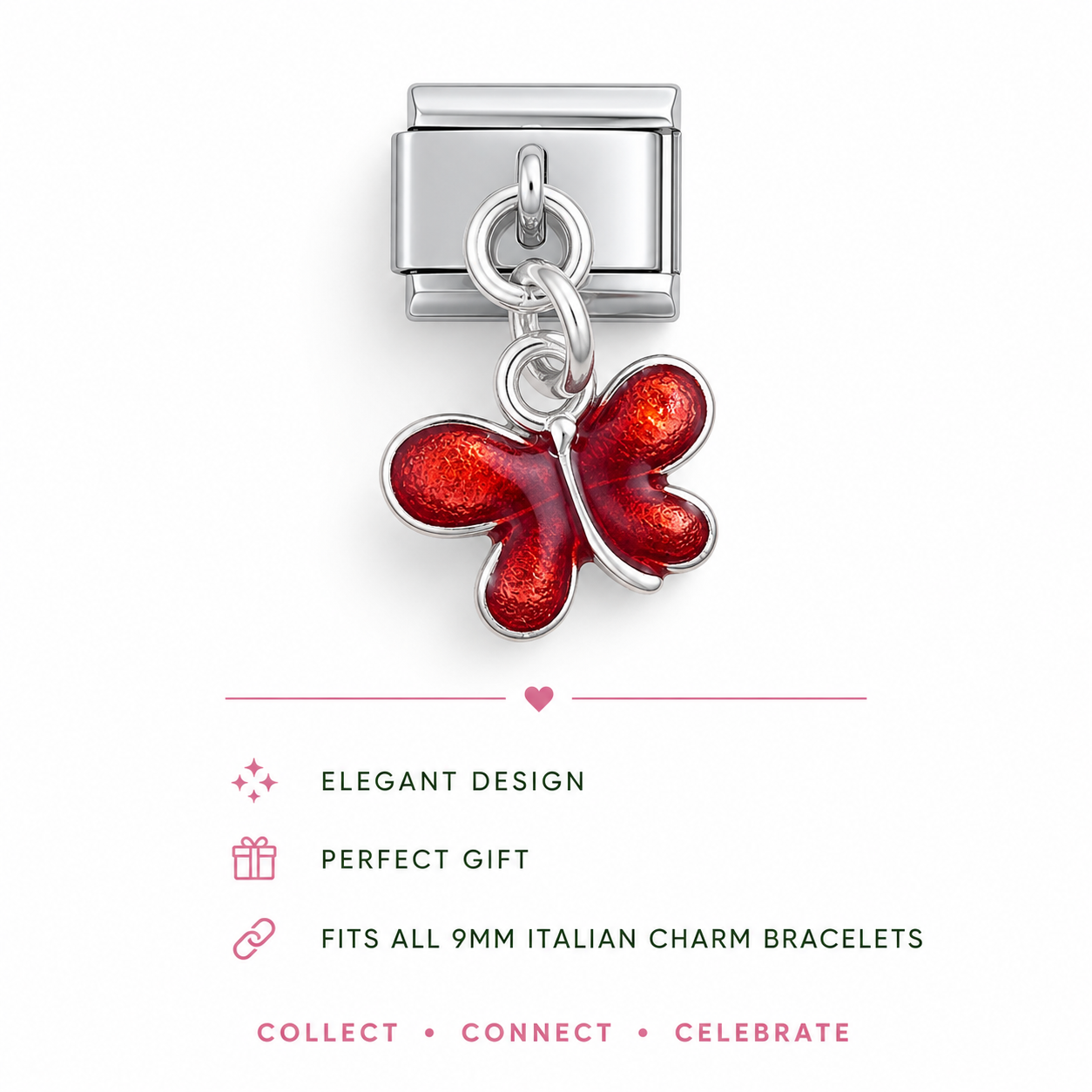 Stainless steel Italian charm with red glitter butterfly and hanging chain link