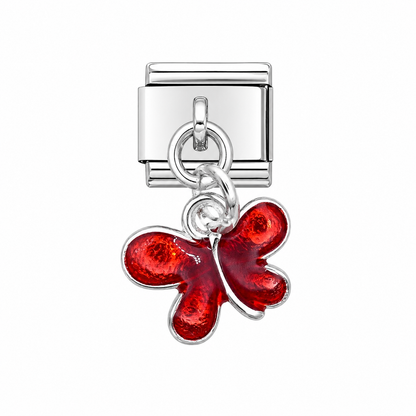 Stainless steel Italian charm with red glitter butterfly dangle on silver ring
