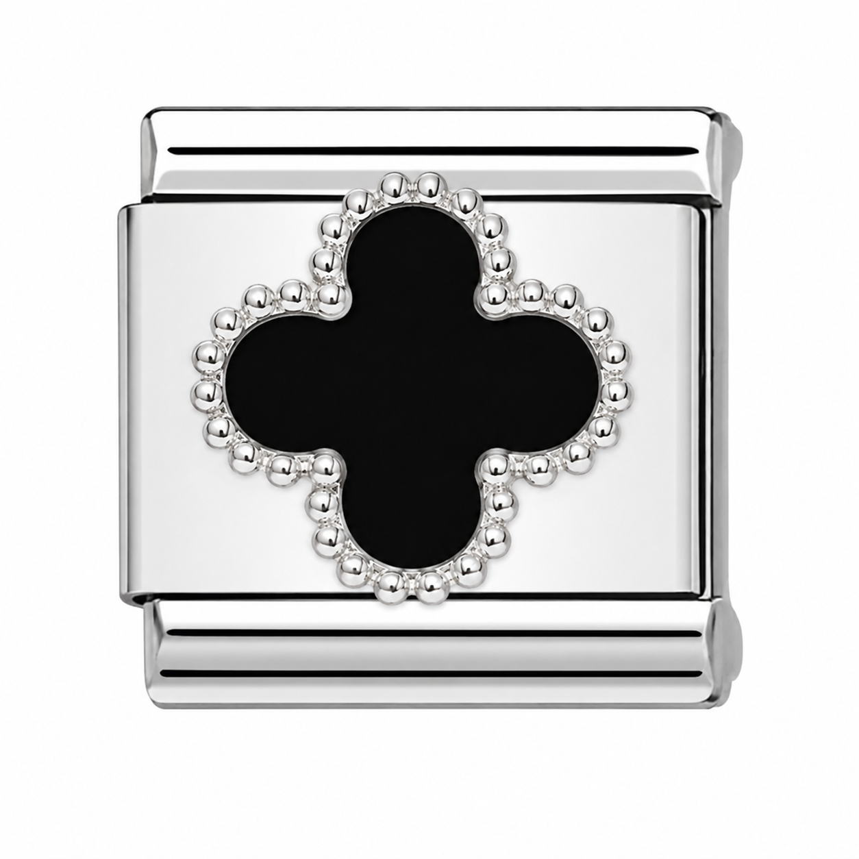 Clover black enamel charm on stainless steel bracelet link with silver border