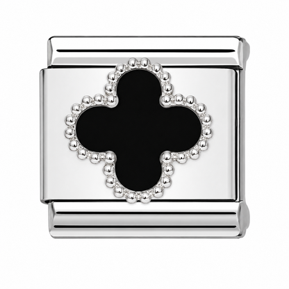 Clover black enamel charm on stainless steel bracelet link with silver border