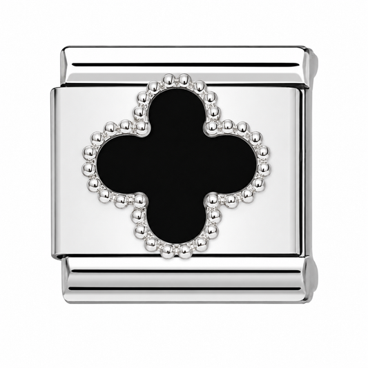 Clover black enamel charm on stainless steel bracelet link with silver border