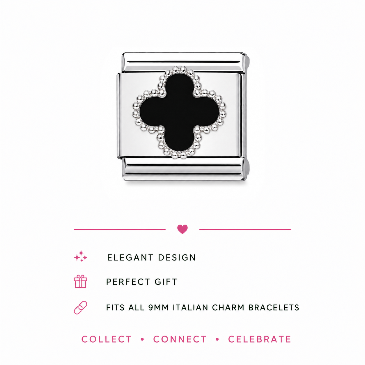 Clover black enamel charm on stainless steel link with dotted silver frame