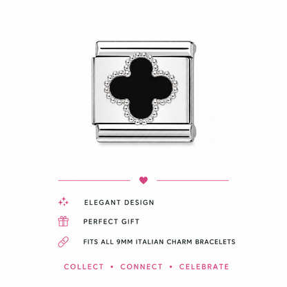 Clover black enamel charm on stainless steel link with dotted silver frame