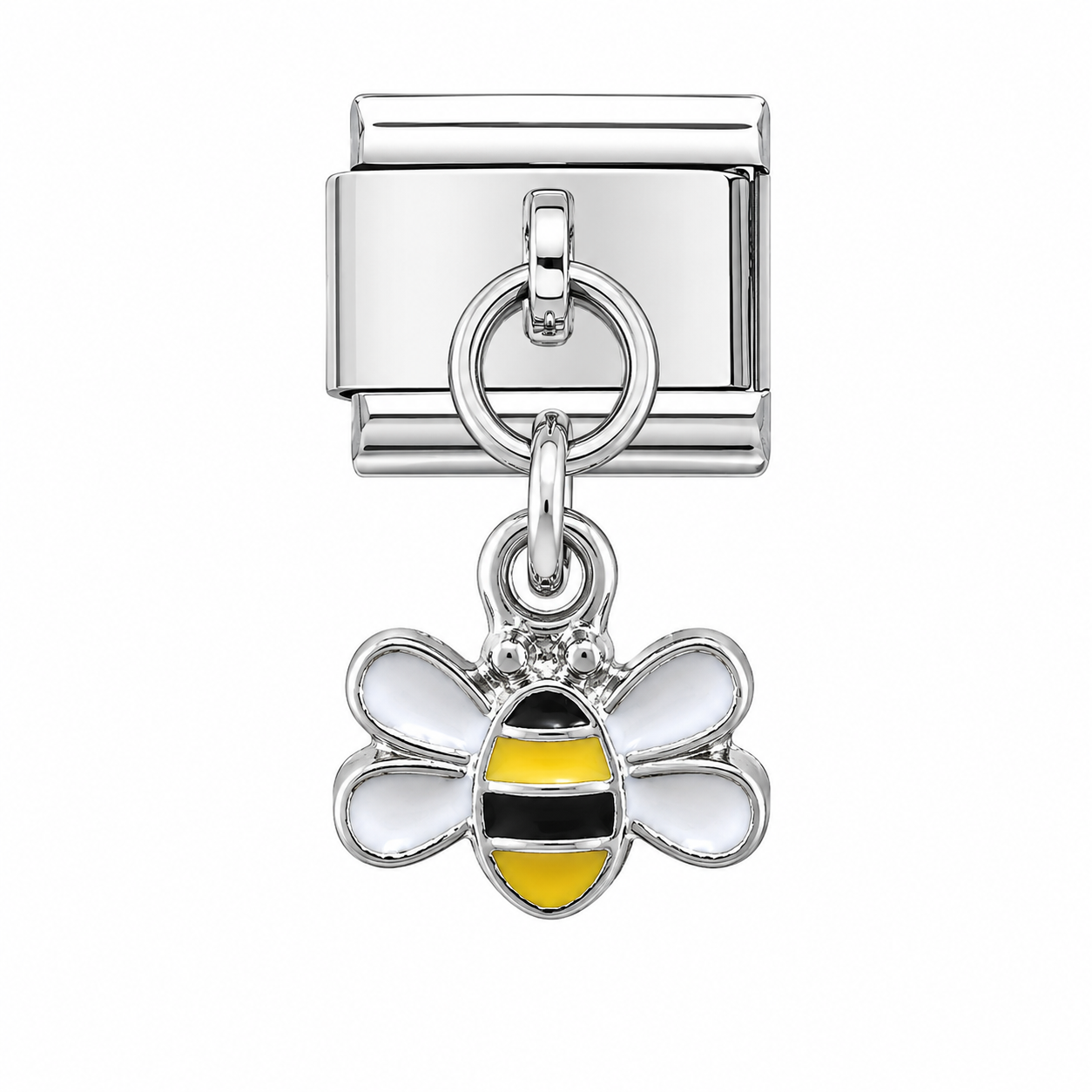 Bee dangle charm, silver with yellow enamel stripes and hanging ring