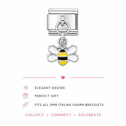 Bee charm with yellow enamel stripes, silver hanging from a ring connector
