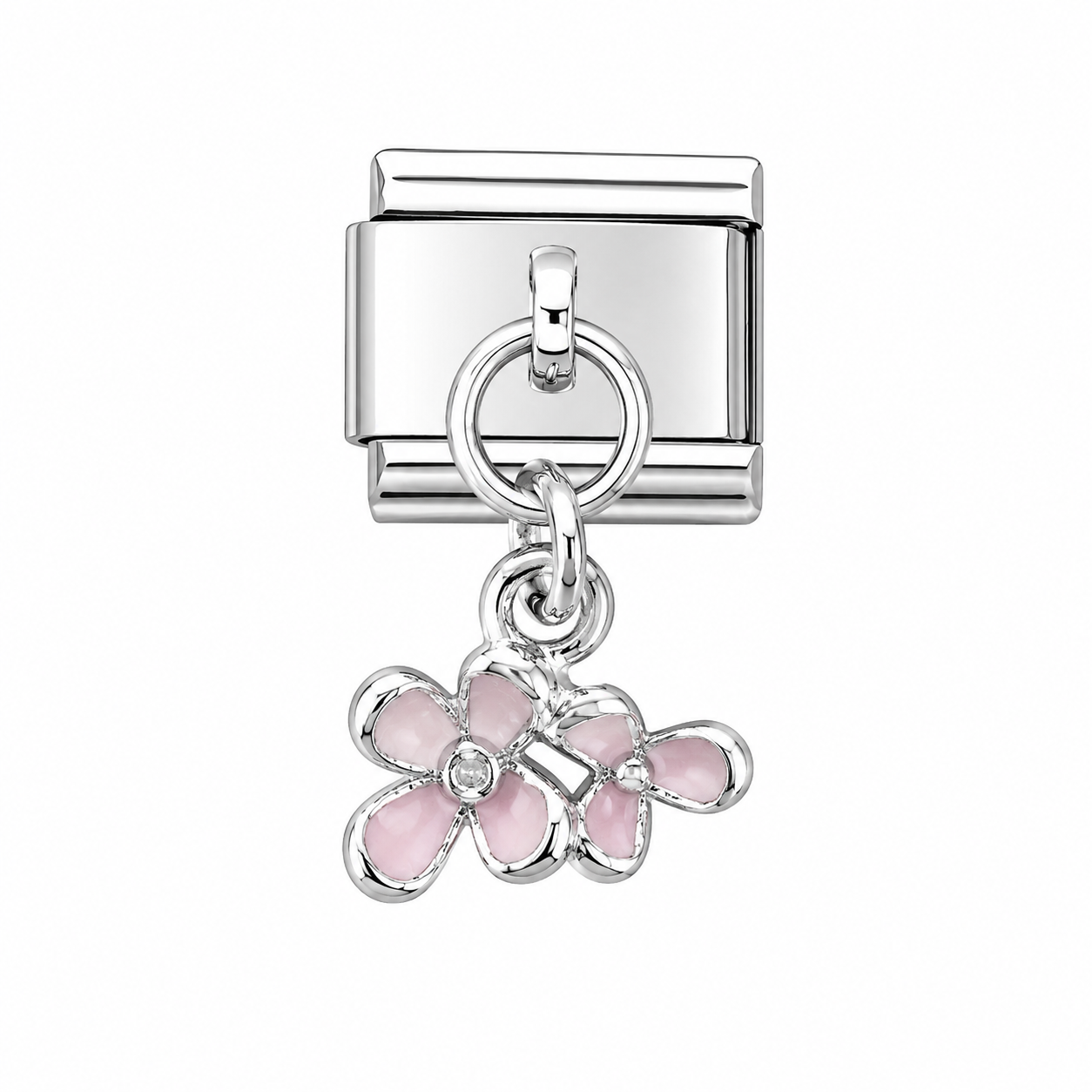 Silver Italian charm dangle with pink enamel double daisy flower and hanging ring