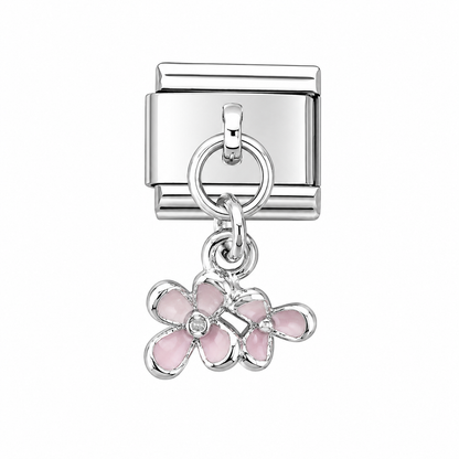 Silver Italian charm dangle with pink enamel double daisy flower and hanging ring
