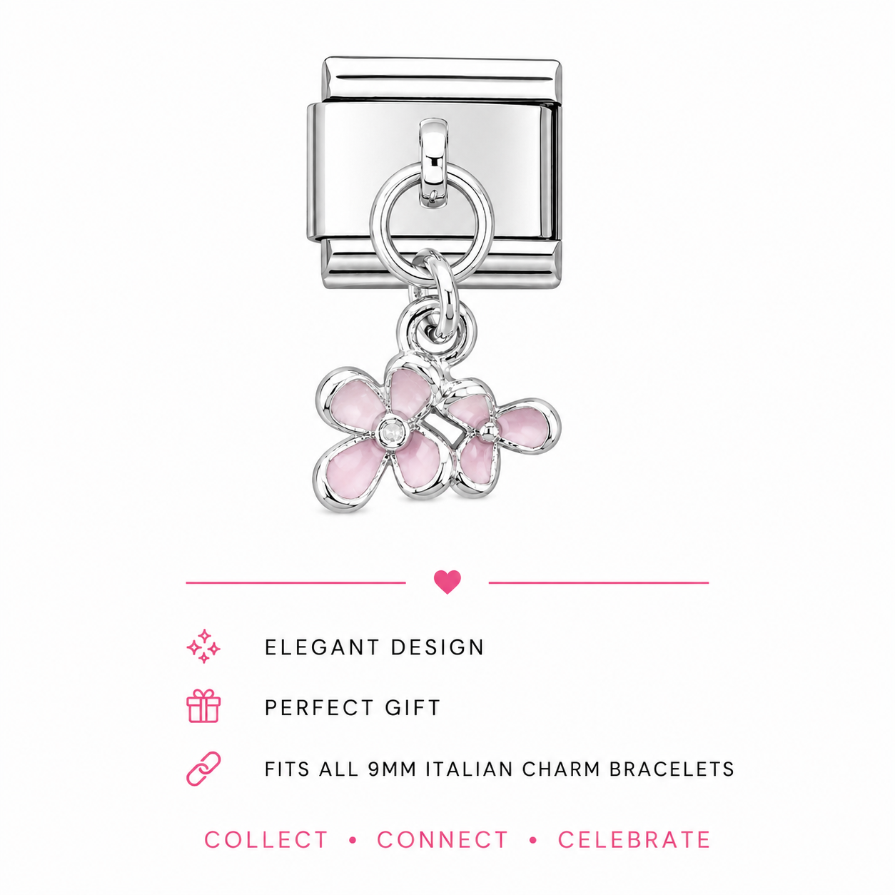 Silver dangle charm with pink enamel daisy and circular drop ring
