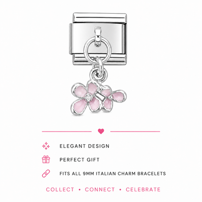 Silver dangle charm with pink enamel daisy and circular drop ring