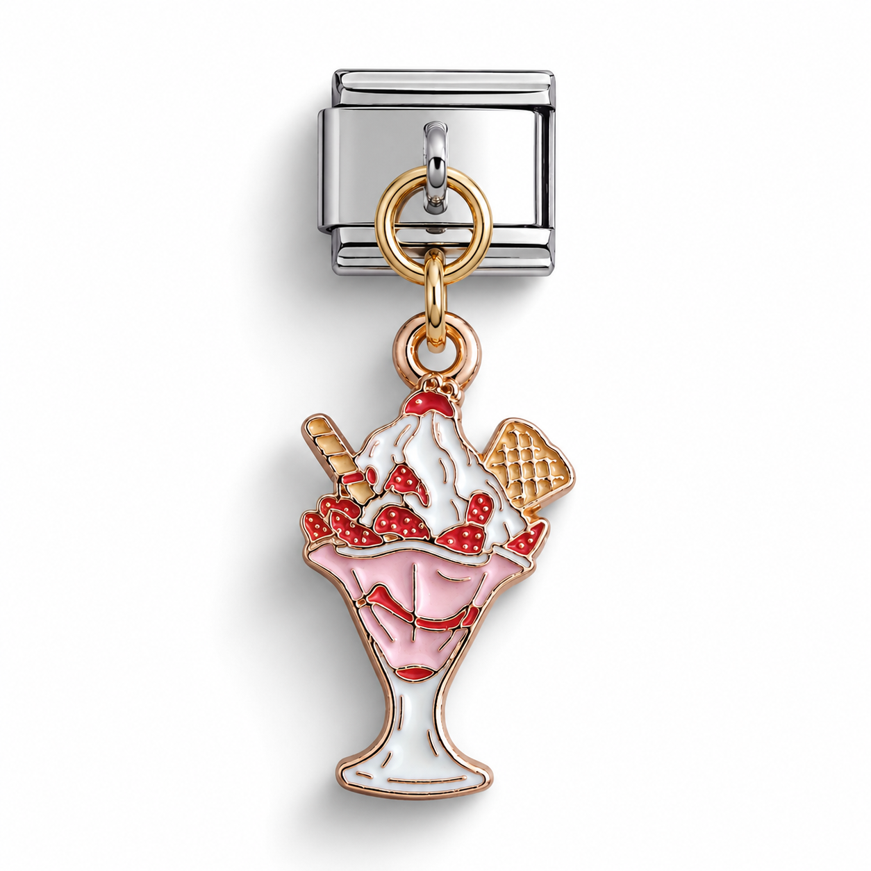 A charm link for an italian charm bracelet featuring an enamel ice cream sundae design with red strawberries, white whipped cream, pink base