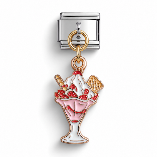 Sundae dangle charm with waffle cone, red sprinkles, and enamel ice cream in white
