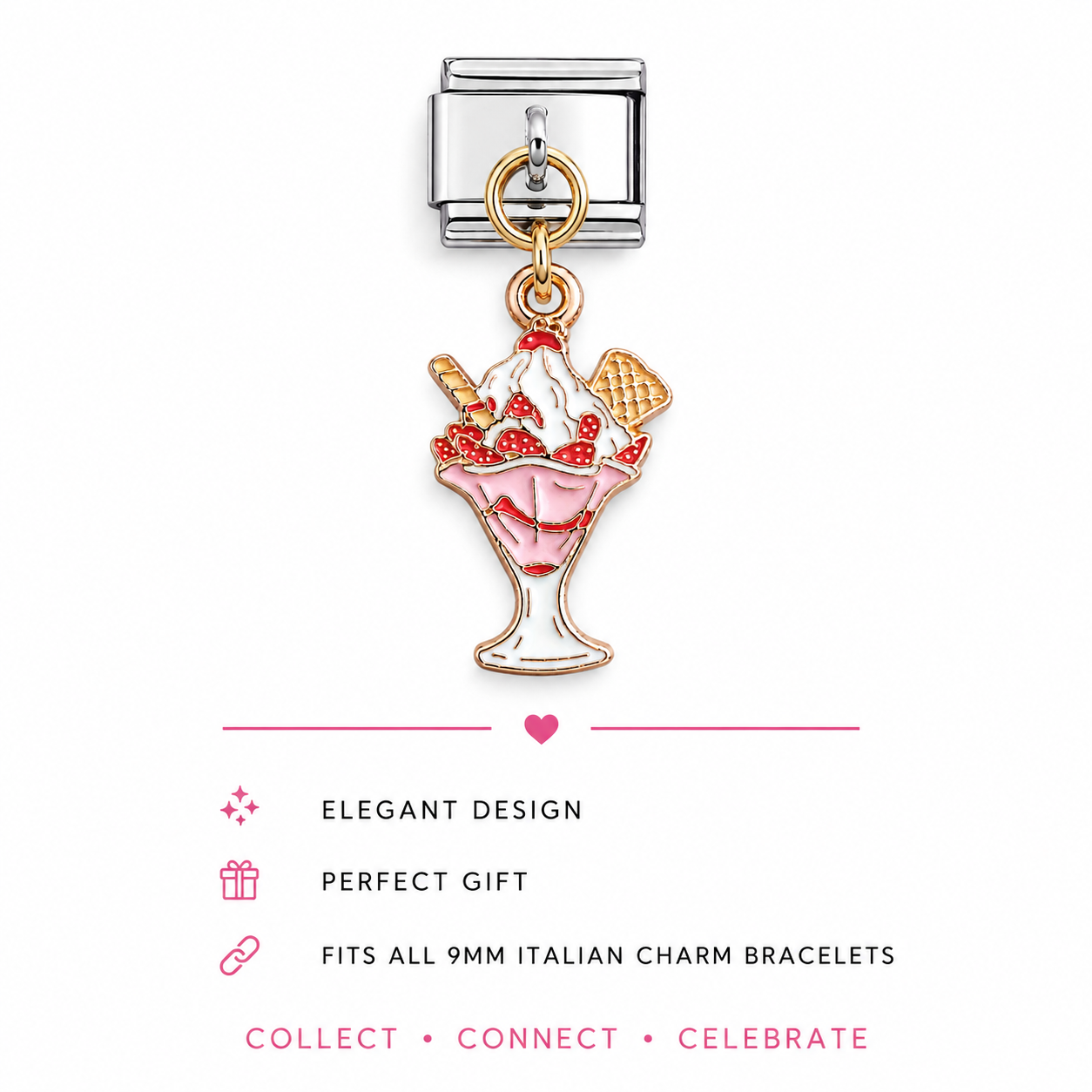 A charm link for an italian charm bracelet featuring an enamel ice cream sundae design with red strawberries, white whipped cream, pink base